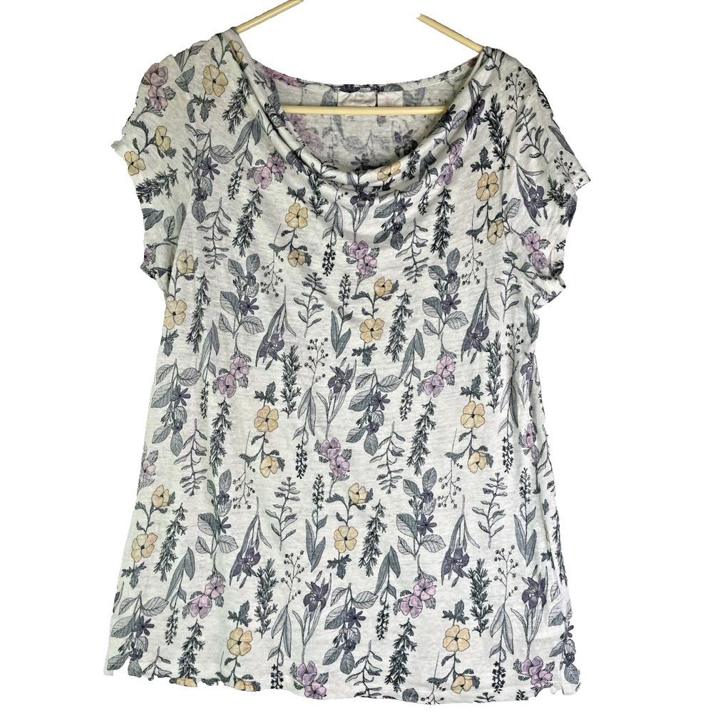 Rachel Ashwell 100% Linen Scoop Cowl Neck Pastel Floral Tee Shirt  Lightweight L
